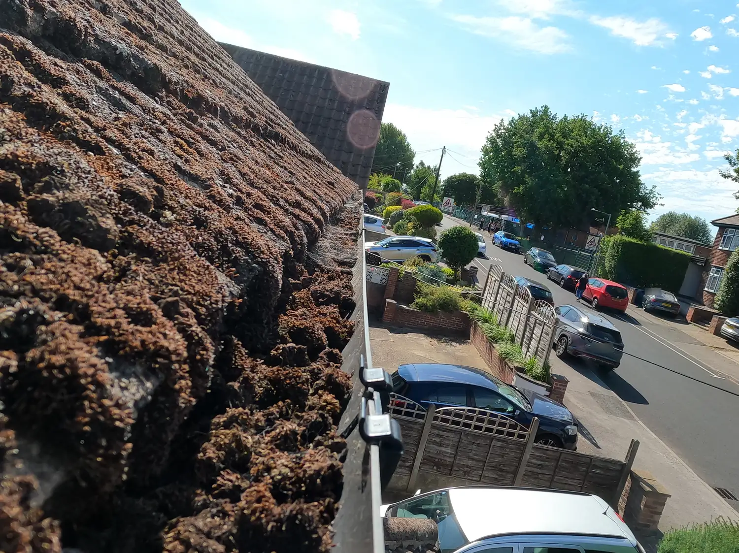 Before: front gutter of a house on Digby Avenue, Mapperley, buried under thick dried moss shed from the roof tiles