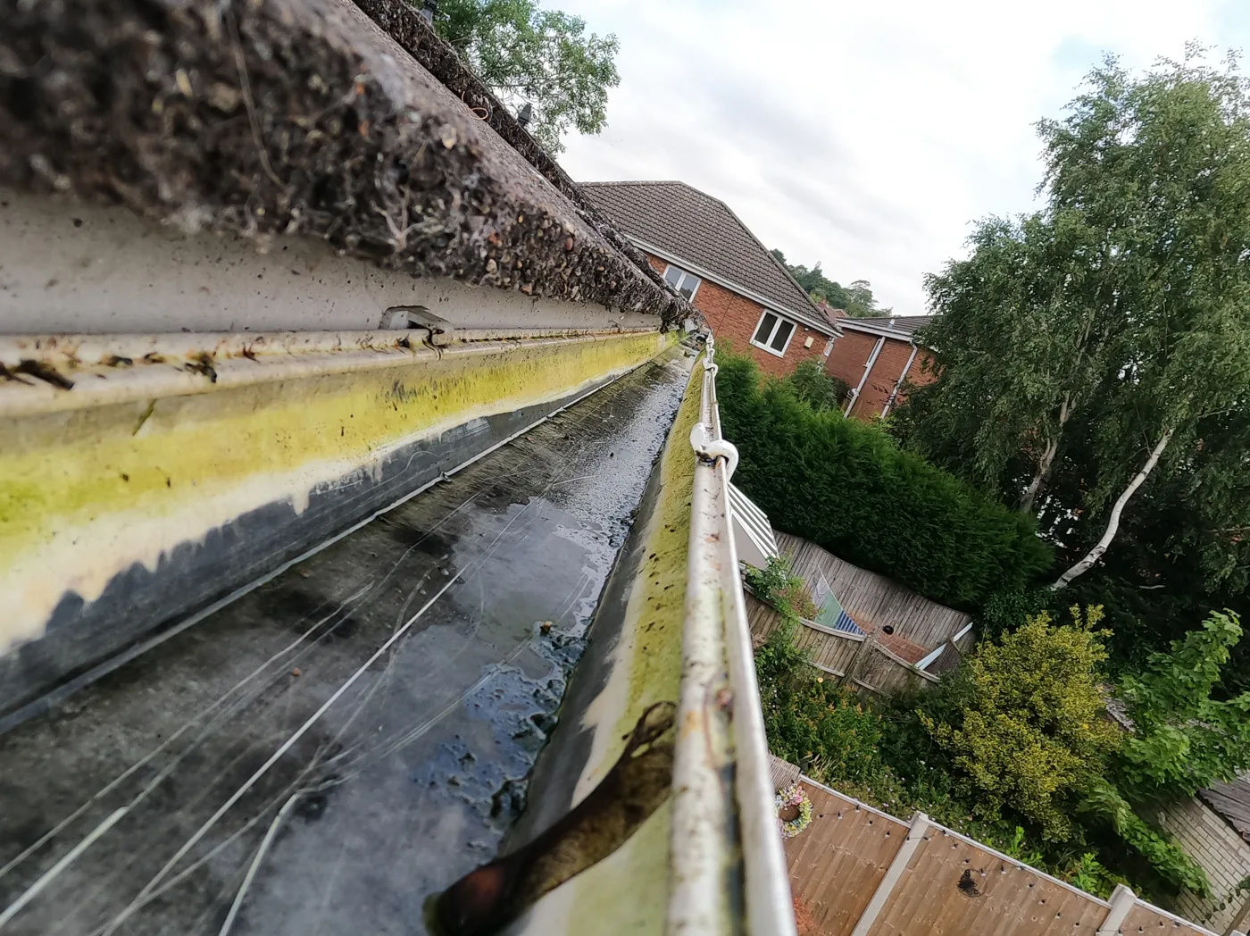 Gutter cleared and draining after a fixed-price SkyVac clean on a Nottingham semi