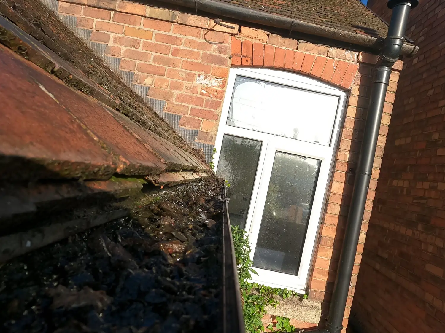 Before: rear gutter of a commercial building on Mansfield Road, Sherwood, full of wet rotted leaves and sludge beside a first-floor window